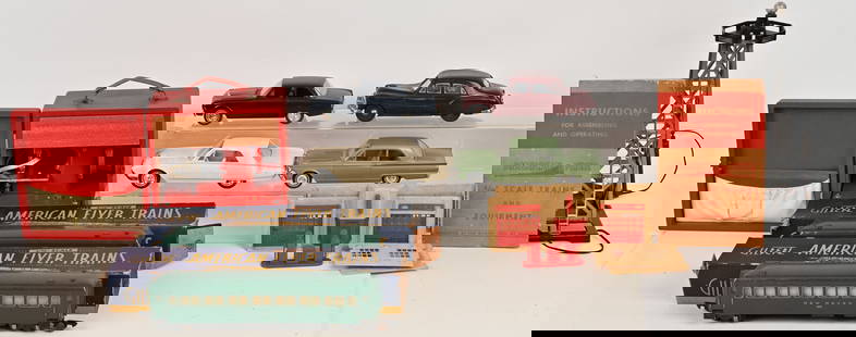 4- VINTAGE PROMO CARS & TRAIN ITEMS: Lot includes: 1. 1950 Chevrolet promo bank, missing headlight and coin trap, 2. 1962 Ford Falcon, missing fender ornaments, 3. 1962 Ford Fairlane missing one fender ornament, 4. 1962 Ford Thunderbird