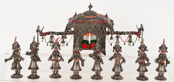 LOT 10 PIECE HINDU SILVER PROCESSION SET, 48 OZ