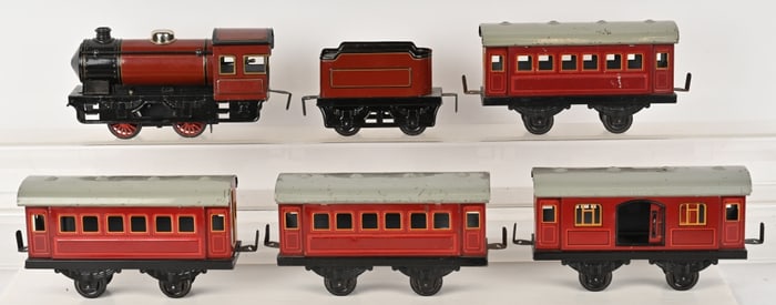 BUBB CLOCKWORK ENGINE & TENDER w/ PASSENGER CARS