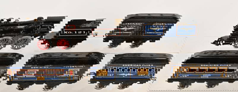 AMERICAN FLYER CLOCKWORK PASSENGER TRAIN SET: Includes O gauge cast iron clockwork Engine with Tender. Comes with Baggage and Passenger Cars. All in great shape. In Set Box. Excellent