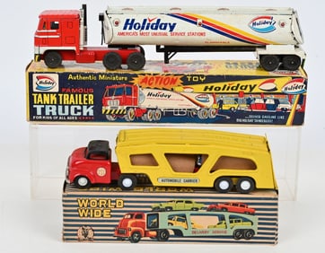 JAPAN TIN FRICTION CAR HAULER & HOLIDAY GAS TRUCK