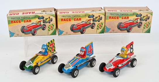 3- JAPAN TIN FRICTION RACE CARS w/ BOXES
