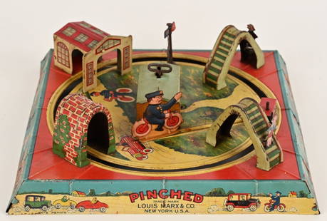MARX TIN WINDUP PINCHED: All original and in great shape. Police Motorcycle stops the speeding car. Works. 9 1/2" Excellent
