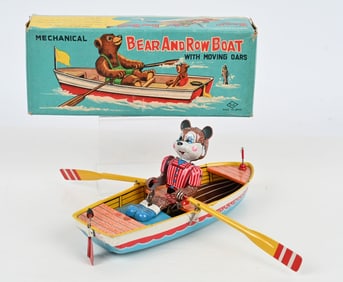 JAPAN TIN WINDUP BEAR AND ROW BOAT w/ BOX