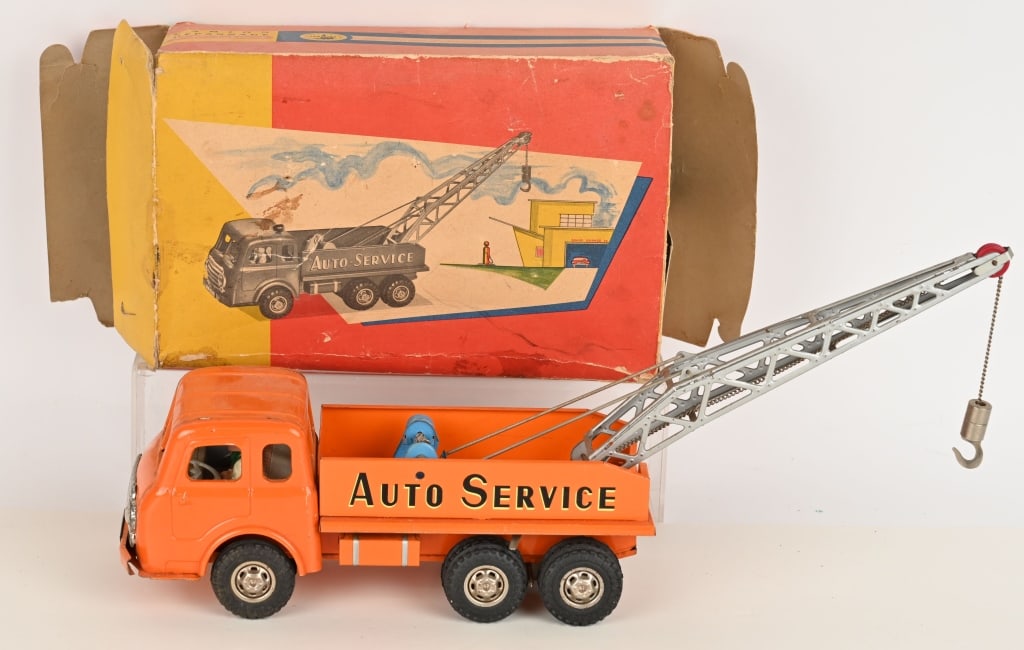 JOUSTRA TIN WINDUP AUTO SERVICE TRUCK w/ BOX: All original in great condition. Works. Boxed 11" Excellent