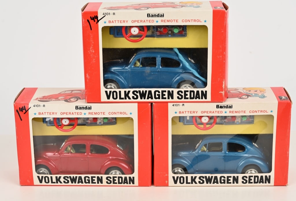 3- BANDAI BATTERY OP VOLKSWAGEN SEDANS MIB: All new old stock in Boxes. 8" Excellent