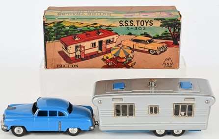JAPAN TIN FRICTION CADILLAC & TRAVEL TRAILER