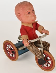 PREWAR JAPAN WINDUP CELLULOID MONKEY ON TRIKE