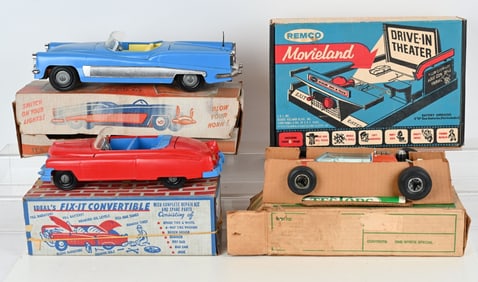 4- VINATGE PLASTIC AUTOMOTIVE TOYS w/ BOXES