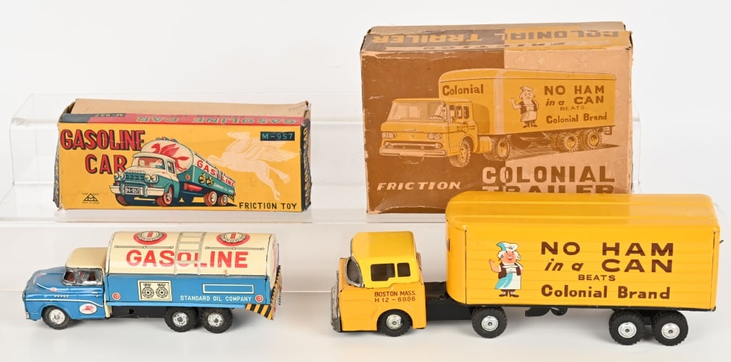 JAPAN FRICTION MOBIL GAS & COLONIAL HAM TRUCKS: Both all original in great shape. Frictions work. Both Boxed. Largest 12" Excellent