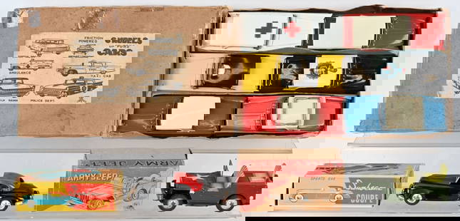 JAPAN TIN CARS w/ BOXES: Includes 6 Models of Ford Cars Set, Sunbeam Coupe, and Army Jeep. All original and friction. Boxed. Largest 12" Excellent