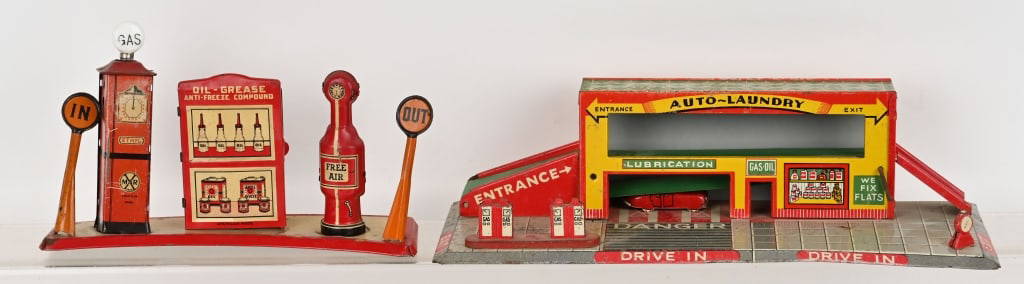 2- TIN GAS STATION TOYS: Includes Marx Gas Station and Japan Gas Station with Car. Both all original Largest 14" Very Good-Excellent