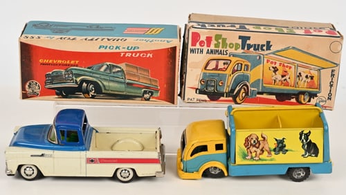 JAPAN TIN CHEVY PICKUP & PET SHOP TRUCKS w/ BOX