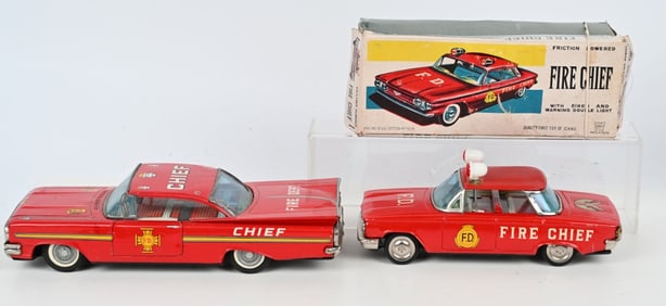 2- JAPAN TIN FRICTION FIRE CHIEF CARS