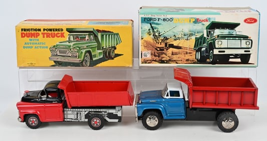 2- JAPAN TIN FRICTION DUMP TRUCKS w/ BOX