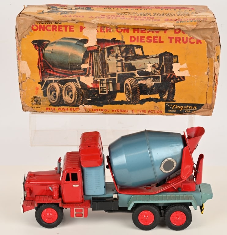 JAPAN TIN CONCRETE MIXER w/ BOX: All original in great condition. 14" With partial Box. 14" Excellent