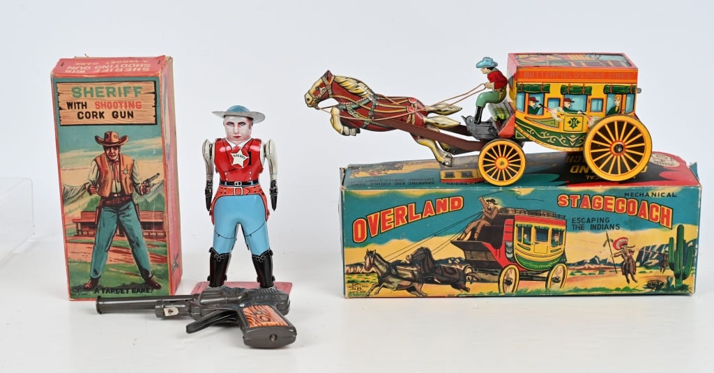 SHERIFF SHOOTING TAGET & OVERLAND STAGECOACH: Includes Sheriff with Shooting cark Gun all original and complete. Plus tin windup Overland Stage4 Coach. Both in great shape and Boxed. Largest 13" Excellent