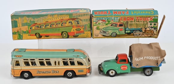 JAPAN TIN FRICTION FARM TRUCK & AVENUE BUS w/ BOX