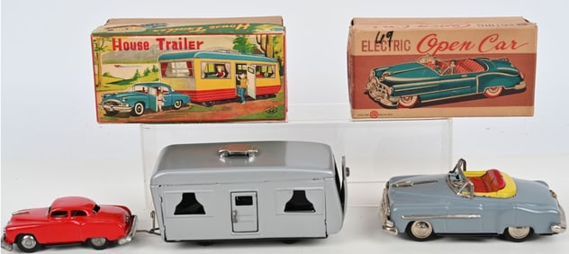 2- JAPAN TIN OPEN CAR & CAR WITH HOUSE TRAILER