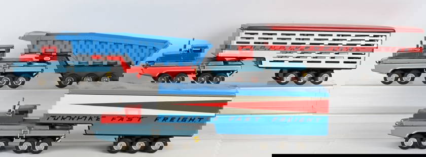 3- JAPAN TIN FRICTION SEARS TRACTOR TRAILERS: Lot of Sears Exclusive tin friction Tractor Trailers. Large impressive toys. Frictions work. 21" Excellent
