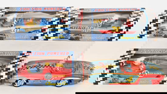 4- JAPAN TIN FRICTION RACE CARS: Nice lot that all original in great shape. All working. 3 Boxed. Largest 8" Excellent