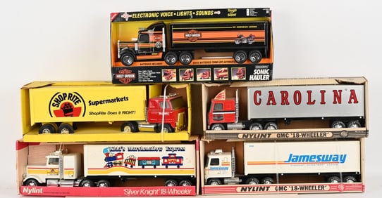 5- NYLINT & BUDDY L SEMI TRUCKS w/ BOXES