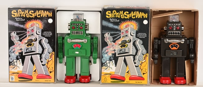 2- TIN TOM BATTERY OP SMOKING SPACEMAN ROBOTS MIB