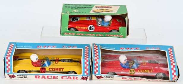 3- JAPAN TIN FRICTION RACE CARS w/ BOXES