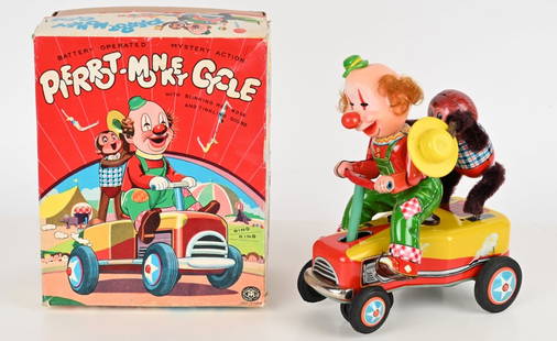 JAPAN BATTERY OP PIERROT MONKEY CYCLE w/ BOX: Great looking Clown with Monkey on Car. All original and worked when tested. Boxed 10" Excellent