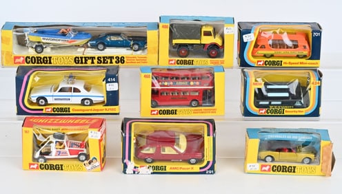 9- VINTAGE CORGI VEHICLES w/ BOXES