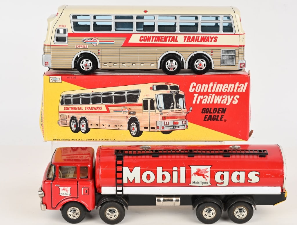 JAPAN TIN FRICTION MOBILGAS TRUCK & TRAILWAYS BUS (1 of 11)