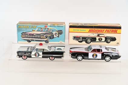 2- JAPAN TIN FRICTION HIGHWAY PATROL CARS w/ BOX