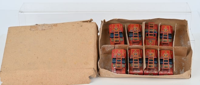 8- JAPAN TIN FRICTION FIRE JEEPS w/ SHIPPER BOX