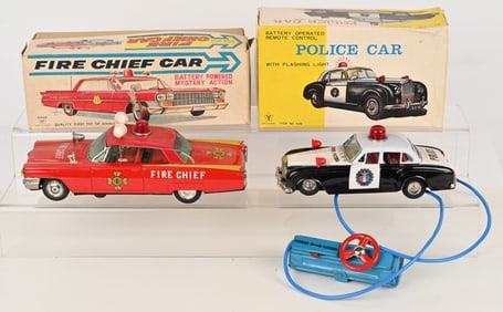 JAPAN TIN POLICE CAR & FIRE CHIEF CAR w/ BOXES
