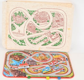 GERMAN TIN WINDUP CAR AND TRACK TOY w/ BOX