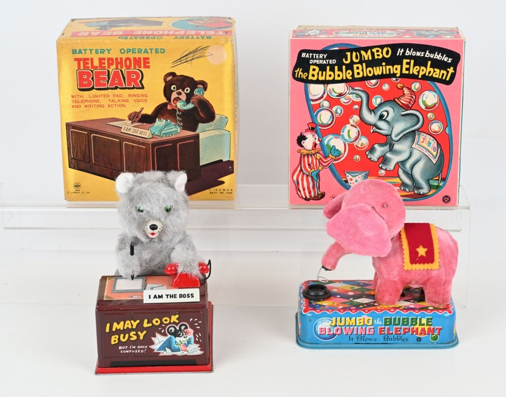 TELEPHONE BEAR & BUBBLE BLOWING ELEPHANT w/ BOXES: Pair of Japan battery operated toys. Both in great condition. Did not work when tested. Boxed. 9" Excellent