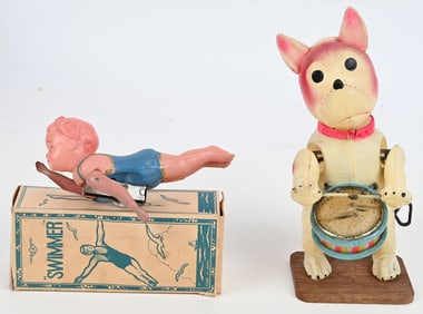 JAPAN CELLULOID WINDUP DOG DRUMMER & SWIMMER