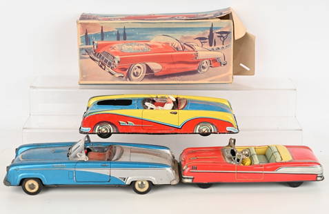3- GERMAN TIN TOY CARS: Lot of 3 German Cars in various conditions. Comes with 1 Box. 13" AS-IS