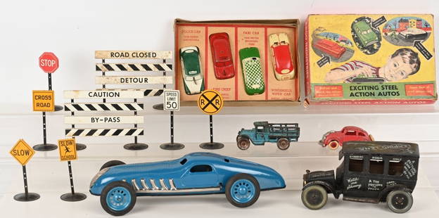 LOT OF VINTAGE TOYS: Lot of toy vehicles and accessories. One set with Box. Conditions vary. Largest 14" AS-IS