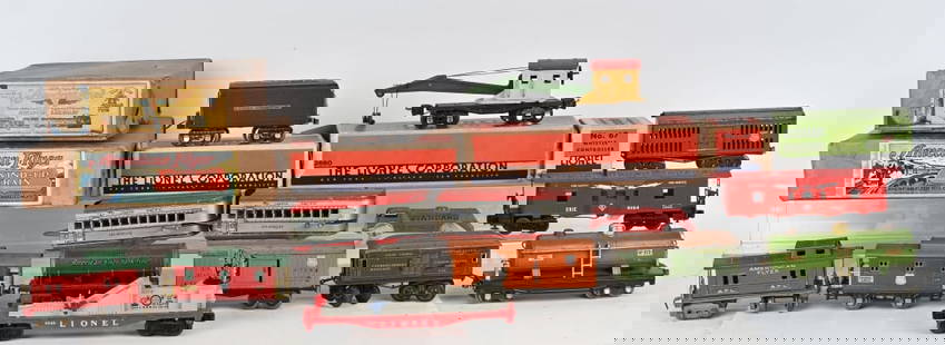 PREWAR O GA TRAIN LOT: Includes 2 American Flyer Set Boxes, Lionel Rolling Stock, and American Flyer Rolling Stock. Conditions vary. AS-IS