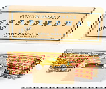 MARX SINGLE TRACK SPEEDWAY & CAR w/ BOX: All original and looks never played with. Boxed 10" Excellent