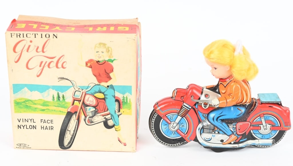 JAPAN TIN FRICTION GIRL MOTORCYCLE w/ BOX: All original in nice shape. Friction works. Boxed 7" Excellent
