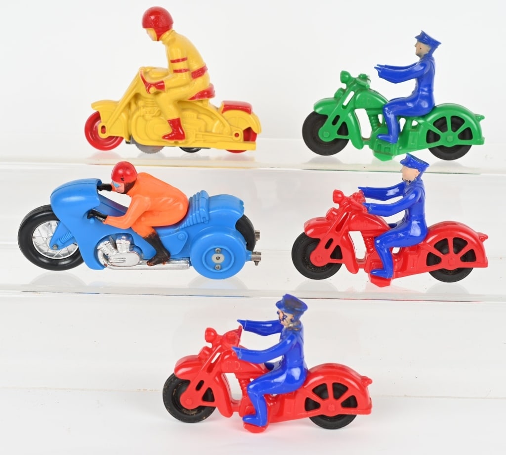 LOT OF PLASTIC MOTORCYCLES: Includes windup, friction, and others. All in great shape. Largest 6" Excellent