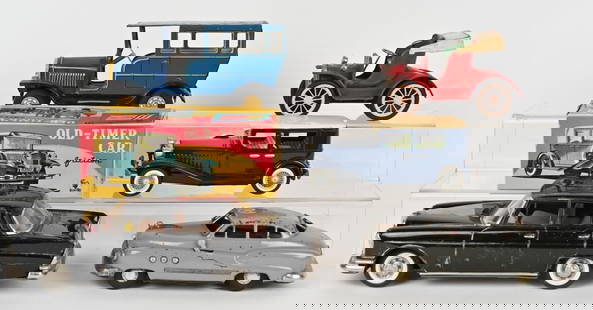 5- JAPAN TIN FRICTION CARS: Lot includes: 1. 7 1/2" Old timer Car, working, with box, Excellent, 2. 11 1/2" Friction Mercedes, friction works, Has controls in trunk, very Good, 3. 2-tin friction Old Timer cars, both work, larges