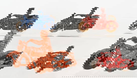 4- HUBLEY CAST IRON MOTORCYCLES: Lot includes: 1. 6 1/2" Patrol, original paint no cracks or repairs. Very Good, 2. 4" Blue Cop motorcycle with sidecar, original paint, no cracks or breaks, iron wheels, Very Good, 3. 4" Red Cop solo