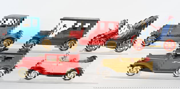 5- JAPAN TIN FRICTION OLD TIMER CARS: Nice lot with 5 different cars. Four are friction and one is lever drive. All worked when tested. Largest is 7 1/2", Condition varies. Very Good-Excellent