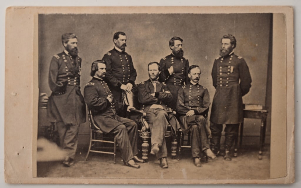 CIVIL WAR UNION GENERAL WILLIAM SHERMAN STAFF CDV: This carte de visite of William Tecumseh Sherman and his Corps commanders was taken by Mathew Brady in 1865. The grouping is a collection of some of the most notable generals of the union army during