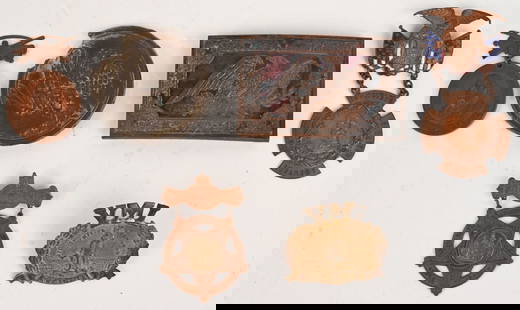 CIVIL WAR RELATED BADGES & BREAST PLATE GAR: Civil War related lot to include 1) DUG U.S. CIVIL WAR CARTRIDGE BOX SLING BREAST PLATE. Original Civil War US Eagle Breast Plate for Cartridge box Sling. Missing prongs to the reverse. 2) Old Reprodu