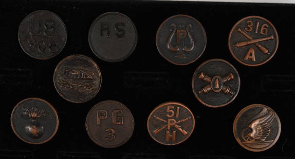 WWI COLLAR DISK LOT TANK CORPS PIONEER NUMBERED: WWI US Army Collar Disk Lot to include 1) Tank Corps Collar Disk 2) Ordnance Corps 3) US 308 308th Infantry Collar Disk 4) Coast Artillery Collar Disk 5) PG 3 Prison Guard 3rd regiment 6) RS Recruitin
