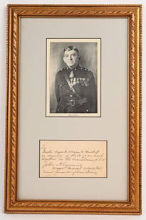 WW1 AUTOGRAPH LETTER SIGNED US MARINE GEN. LEJEUNE: Handwritten letter from General John A. Lejeune that has been nicely framed with a photo of the General. The letter reads "For Master Sergeant Warren W. Winship in memory of the days we served togethe
